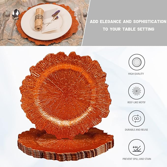 MAONAME 13" Orange Charger Plates, Round Reef Chargers for Dinner Plates, Plastic Plate Chargers for Table Setting, Wedding Decor, Set of 8