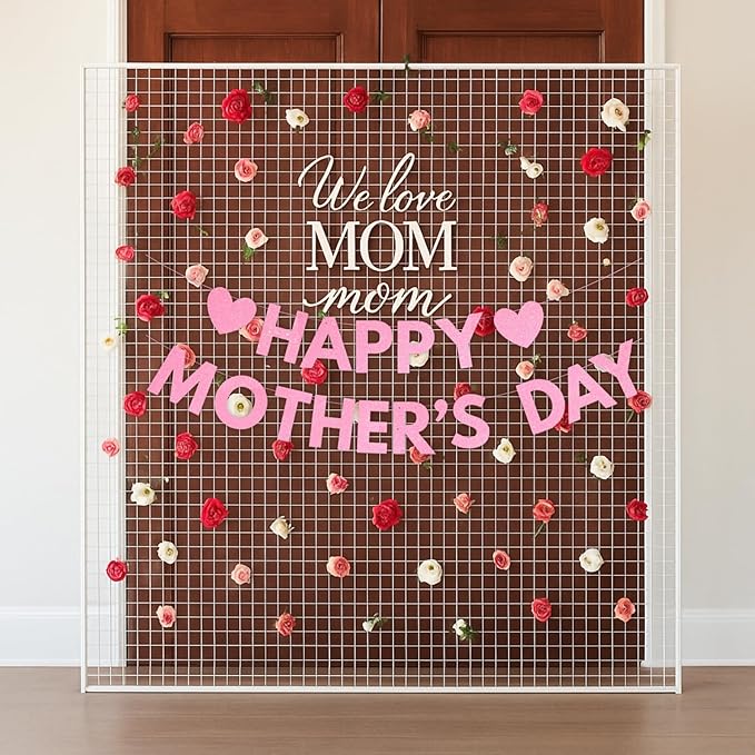 Happy Mother's Day Banner Set Decoration for Mother's Day Party Decorations Backdrop Garland for Mom Mother's Day Glitter Garland Photo Props (Pink Letter)
