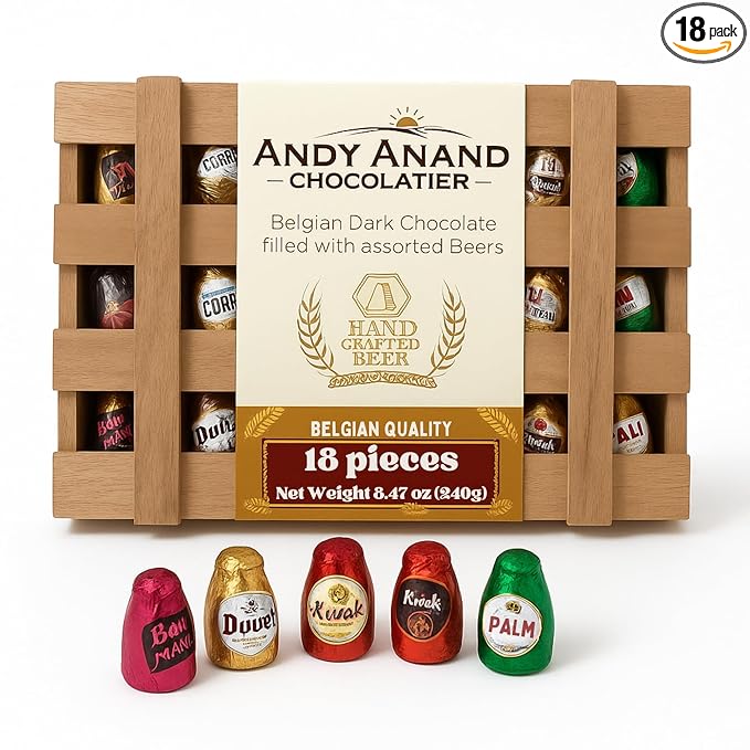 Andy Anand Chocolatier European Beer Flavored Dark Chocolate Bottles, Filled with Top-Shelf Beer, Gluten Free Assorted Flavors Chocolates, Packed in a Wooden Gift Box (18 Pcs)