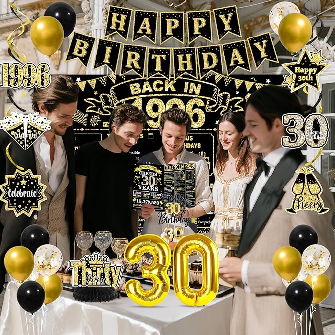 30th Birthday Decorations for Him, Black Gold Back in 1996 Party Decor Kit, Happy 30th Birthday Party Supplies with Sash, Banner, Backdrop, Balloons, Cake Topper, Honeycomb Centerpieces