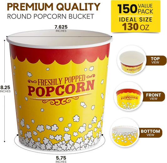 Fit Meal Prep 150 Pack Large Popcorn Buckets Disposable, 130 Oz Yellow and Red Paper Popcorn Containers Tubs for Home and Theater Movie Night