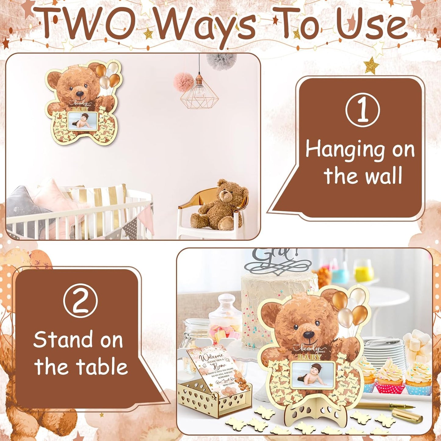 Wenqik 63 Pcs Brown Bear Baby Shower Guest Book Alternatives Set Baby Shower Decorations with Photo Frame Sonogram Frame Keepsake 60 Wood Slices Guest Book for Birthday