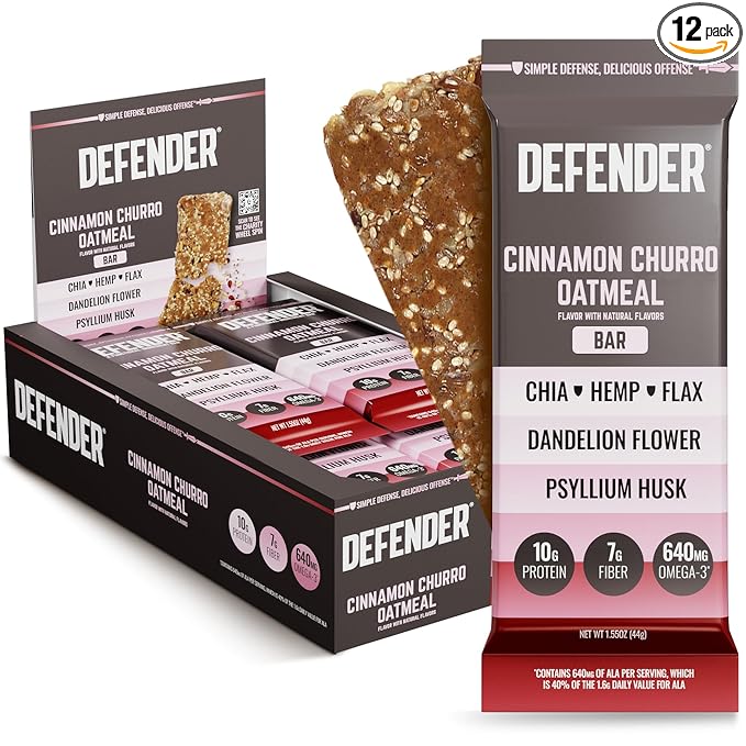 Defender Vegan Protein Bar, Cinnamon Churro Oatmeal, Plant Based Snack Breakfast Bars, Psyllium Husk, High Fiber, Non GMO, Kosher, No Stevia & Sugar Alcohols, 12 Bars, Holiday Gift Item, Stocking Stuffer