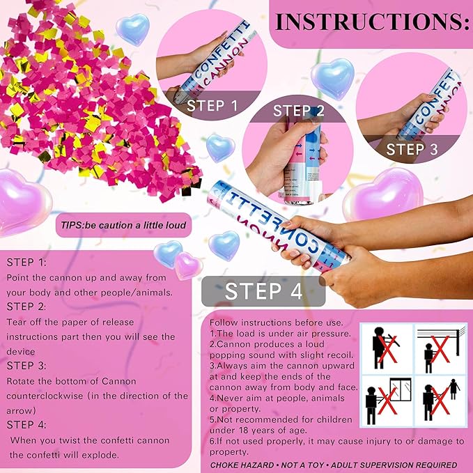 4 Pack Gender Reveal Confetti Cannon, 12 in Pink Square Shaped Paper Party Poppers Cannons, Confetti Poppers For Baby Boy Girl Gender Reveal Baby Showers (Square, Pink)