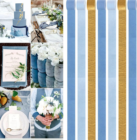 Light-Dusty Blue Gold Party-Decorations Streamers - 9 Rolls Birthday Baby Bridal Shower Wedding Crepe Tissue Paper Streamer Bachelorette Engagement Garland Decor Panduola