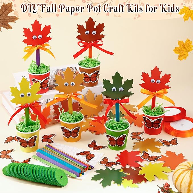 30 Set Fall Flower Paper Pot Craft Kits - Make Your own Standing Autumn Maple Leaf Gift Crafts Decorations,DIY Thankful Flower Pot Decor Home School Classroom Art Activities for Thanksgiving