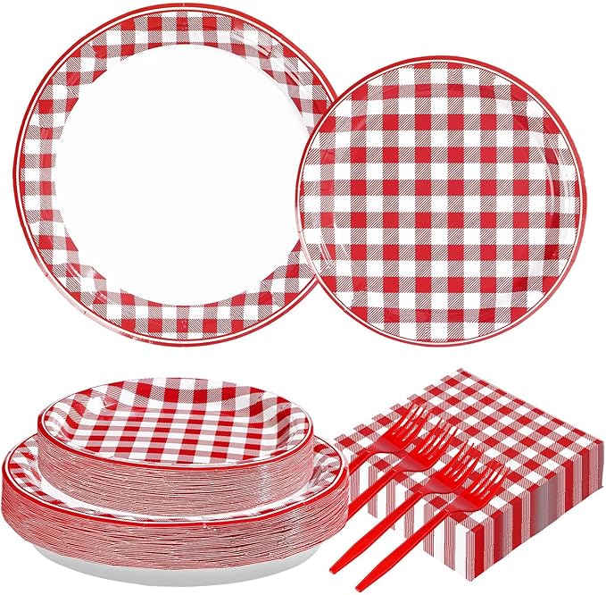200Pcs Red Gingham Party Supplies Red and White Checkered Buffalo Plaid Plates and Napkins Disposable Gingham Tableware Set for Valentine's Day Picnic BBQ Baby Shower Party Decorations Serves50