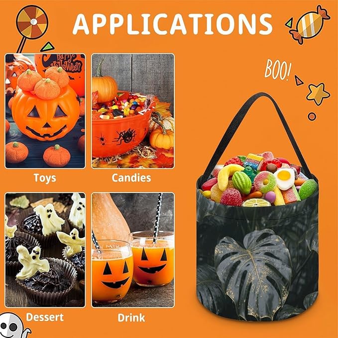 Halloween Candy Bucket - Grey Gold Plant Leaves Trick Or Treat Candy Bag, Gift Bag for Party Favor Supplies