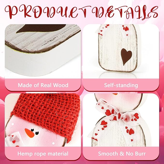 6 Pcs Valentines Day Wood Snowman Table Decorations Winter Snowman Tabletop Block Sign Rustic Farmhouse Xmas Tiered Tray Decor for Christmas Winter Holiday Home Office Shelf Party Decor