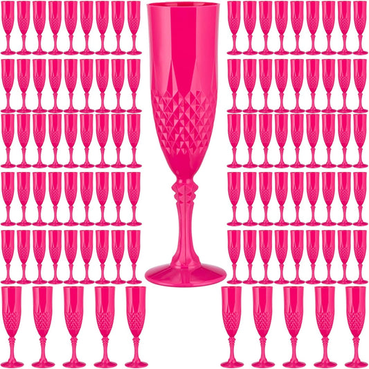 Plastic Champagne Flutes,Wine Glasses Goblets Set of 100,Mimosa Bar Shatterproof Reusable Vintage Champagne Flutes Stemmed Drinking Cups for Weddings, Bachelor Parties, Toasting, Prosecco(100,Pink)