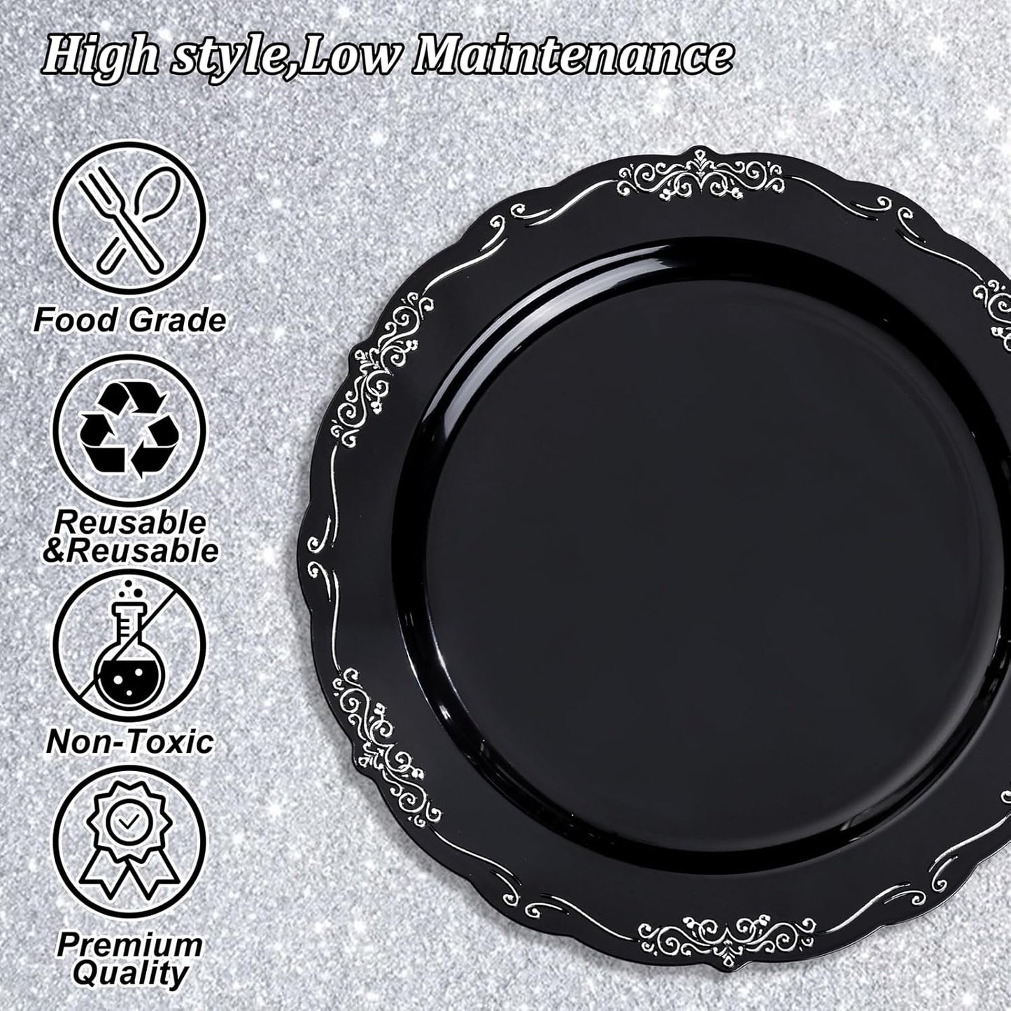 DaYammi 60PCS Black and Silver Plastic Plates, Heavy Duty Black and Silver Disposable Plates Premium 10inch Dinner Plates Hard Plastic Plates Disposable for Halloween Party and Wedding