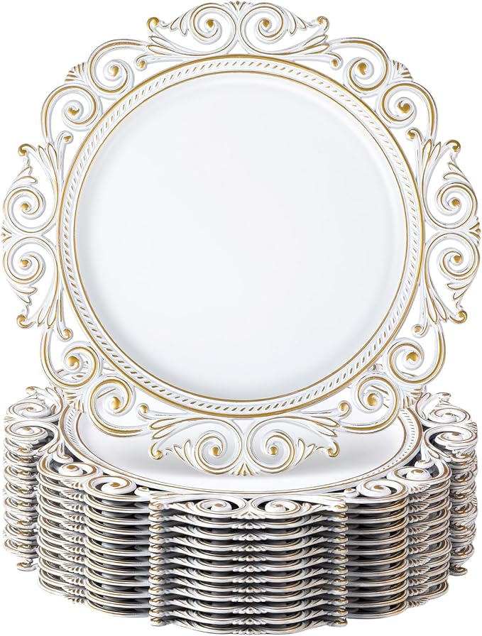 12 Pcs Antique White Charger Plates Bulk 13 Inch Embossed Rim Plastic Round Decorative Plates Charger for Dinner Wedding Party Event Table Setting Decoration (Hollowed out Wave)
