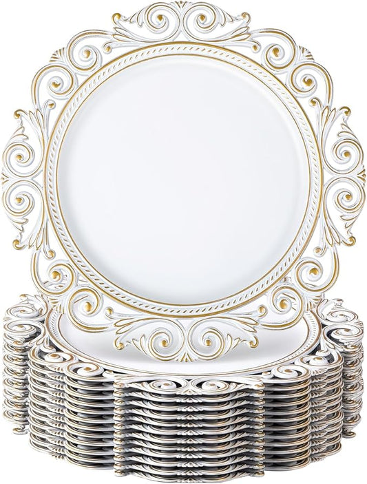 12 Pcs Antique White Charger Plates Bulk 13 Inch Embossed Rim Plastic Round Decorative Plates Charger for Dinner Wedding Party Event Table Setting Decoration (Hollowed out Wave)