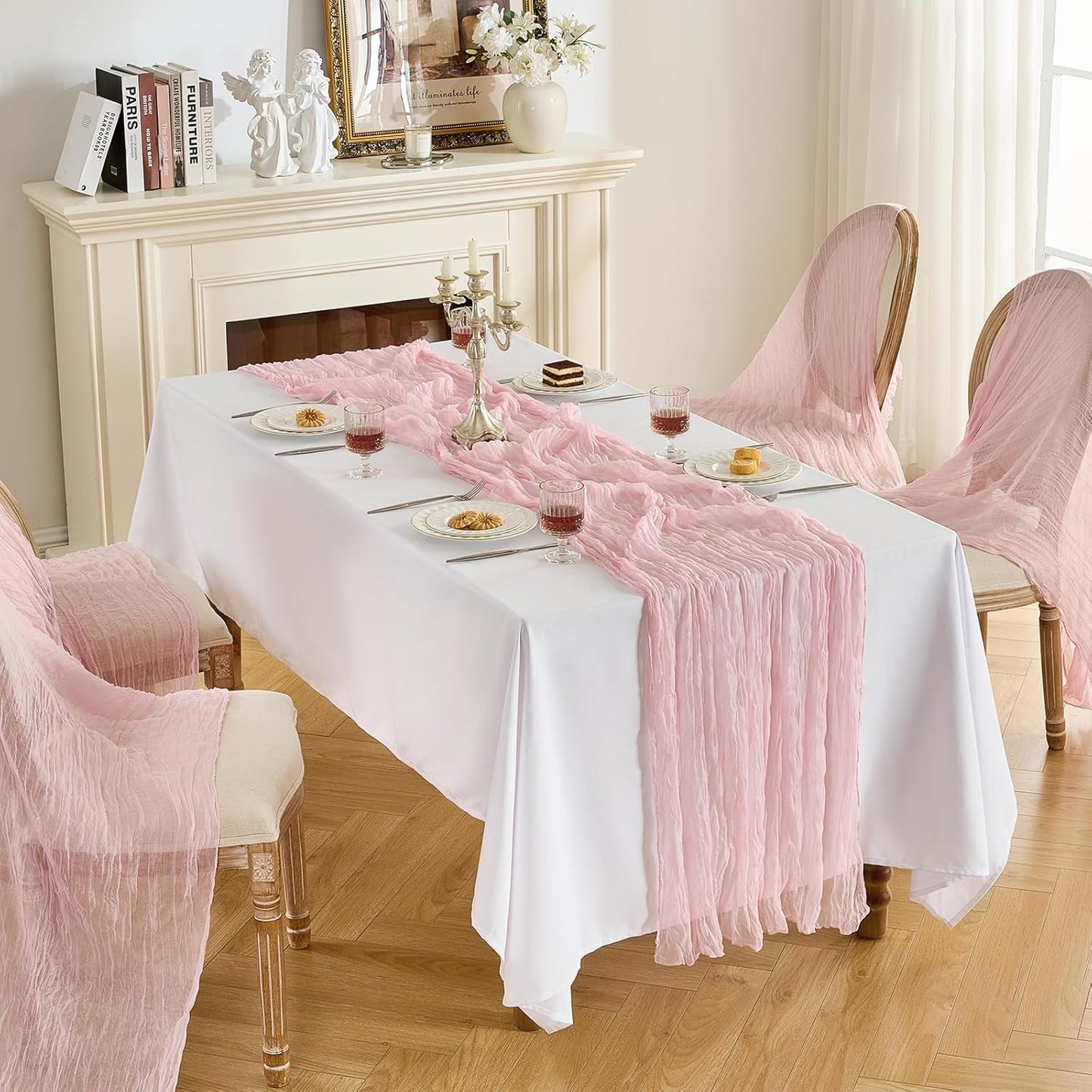 Fanami 3 Pack Cheesecloth Table Runner -10FT Blush Pink Boho Gauze Cheese Cloth Table Runner 120 Inches Long Rustic Sheer Fabric Centerpieces for Wedding Birthday Party Bridal Baby Shower Decorations