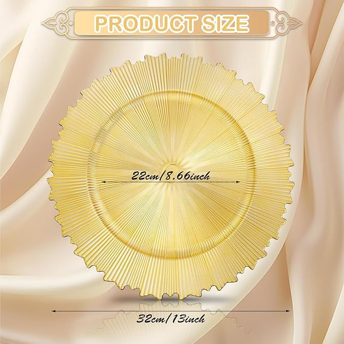 EI 20pcs Gold Charger Plates Bulk 13inch Plastic Chargers for Dinner Plate Disposable Golden Flash Reef Charger Plates Table Chargers for Family Party Wedding Birthday Afternoon Tea Decoration