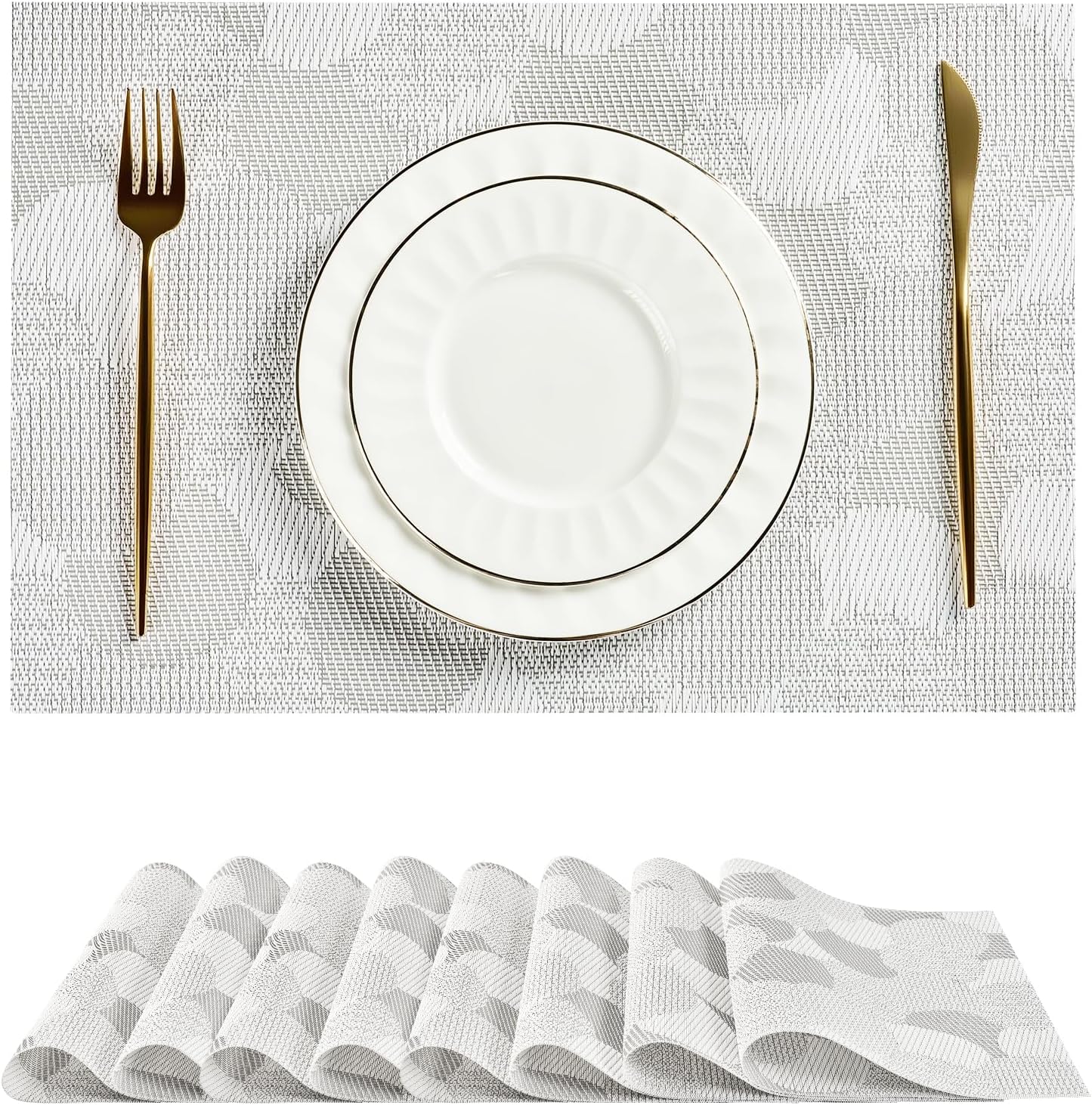 Leetaltree White Placemats Set of 8 - Heat Resistant Non-Slip Place mats for Dining Table, Washable Durable PVC Vinyl Woven Table Mats（White Circle,8）