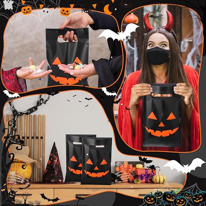 Supervitae 100 Pcs Halloween Treat Bags Plastic Pumpkin Party Favor Bags Bulk with Handles for Halloween Snacks Goodie Candy Treat Party Supplies, 9.84''x6.5''