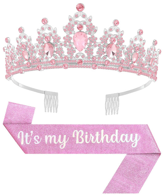 Birthday Tiara and Crown with Sash, Birthday Tiara for Women Party (Pink)