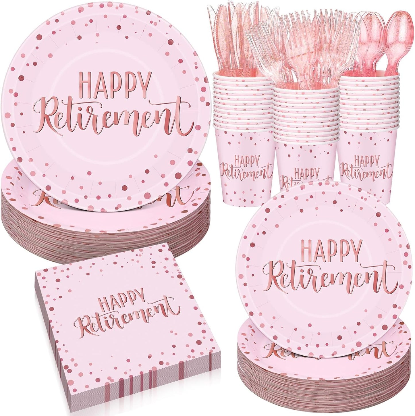 Pickmesh 192 Pcs Retirement Party Decorations Happy Retirement Paper Plates and Napkins Set with Cups and Knife Fork Spoon,Farewell Party Disposable Tableware for 24 Guest Women Men(Pink)