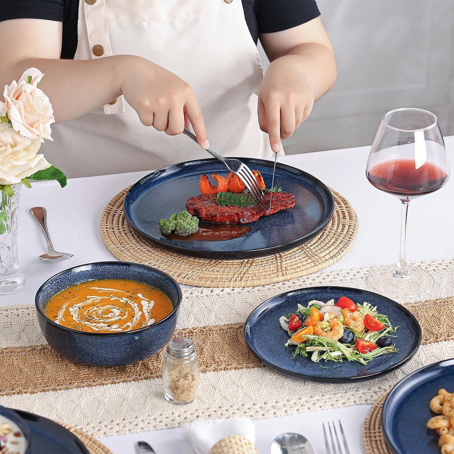 Dinner Plates Set of 4: Ceramic 10.7 Inch Handmade Reactive Glaze Stoneware Plates for kitchen, Modern Dinnerware Plates, Microwave & Dishwasher Safe, Scratch Resistant (Blue)