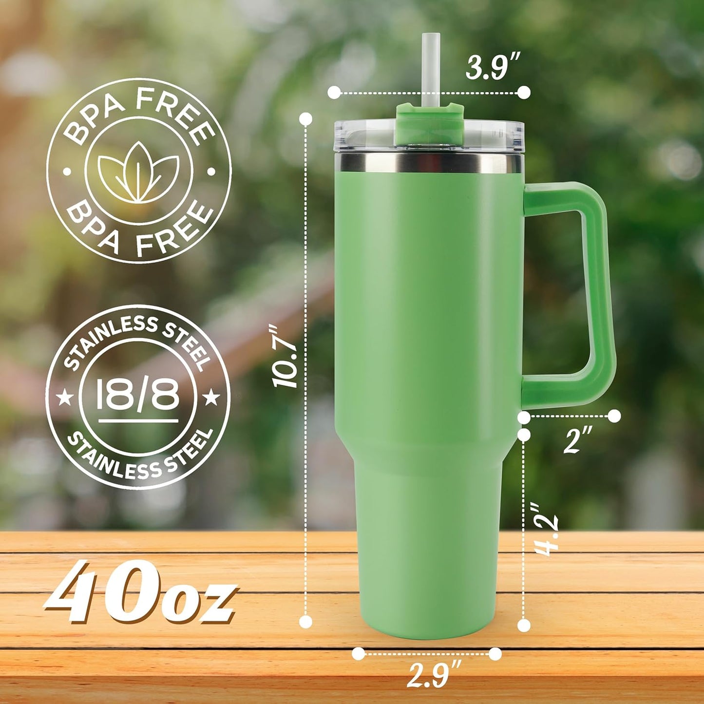 40 oz Tumbler with Handle and Straw Spill Proof Large Travel Coffee Mug Insulated Reusable Stainless Steel Cup with Lid Fit for Car Cup Holder(Mint Green)