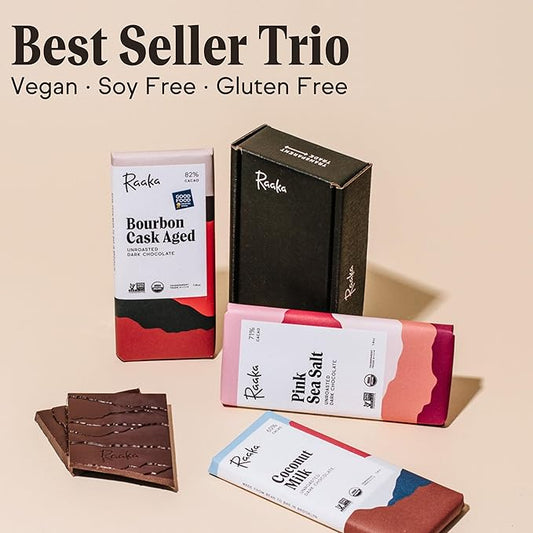 Raaka Chocolate Best Sellers Trio | Gourmet Dark Chocolate Gift | Organic, Vegan, Fair Trade, Soy Free, Non-GMO, Gluten Free, Kosher | 1.8oz Bars, 3-Pack