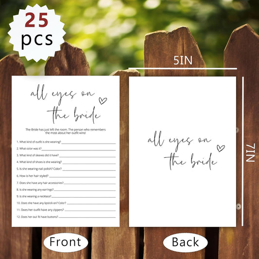 Bridal Shower Games, All Eyes On The Bride, 25Pcs Minimalist White Double-Sided Bridal Game Cards, Wedding Shower Games for Guests, Engagement Bachelorette Party Supplies - A20