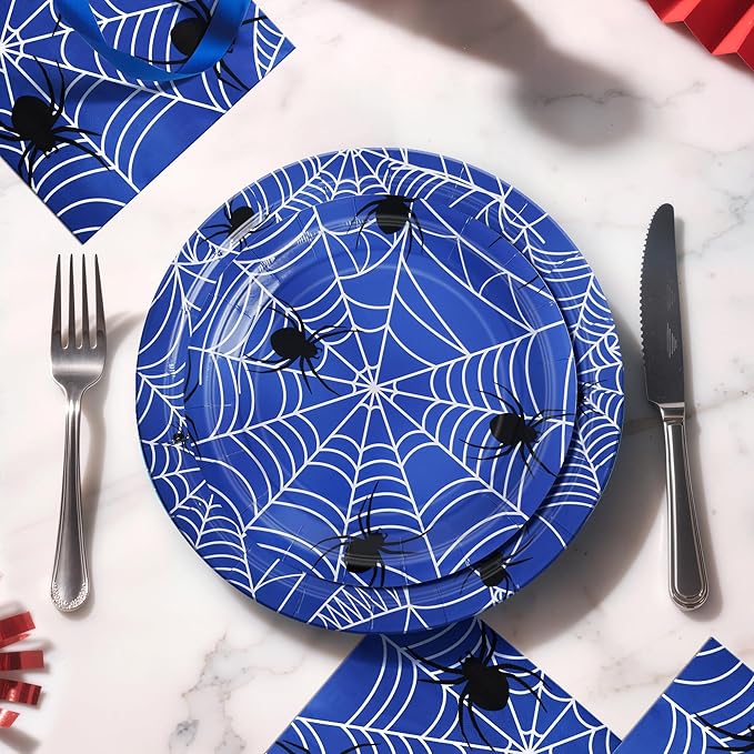 75pcs Spider Party Supplies, 25 Guest Disposable Blue Paper Plates & Napkins, Tableware Decorations Favors, Including 9" & 7" Plates & Napkins for Halloween, Birthday, Parties, and Everyday Use