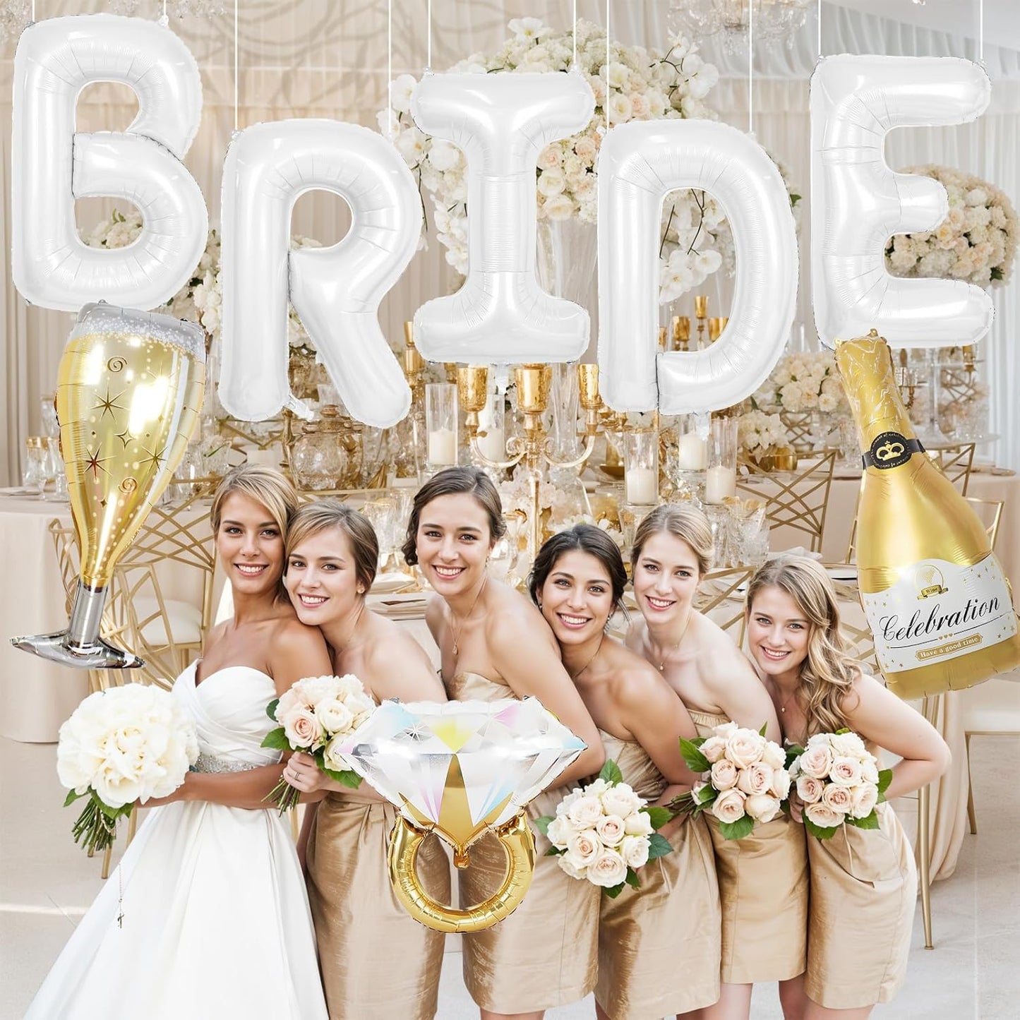 40inch Bride Balloons White Letters Banner, Bachelorette Party Decorations Set with Diamond Ring Champagne Bottle Balloon Glass Foil Balloon for Bachelorette Engagement Wedding Bridal Shower Decor