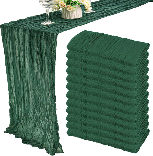 12 Pack Boho Gauze Table Runner 35x72 Inch - Rustic Cheese Cloth Long Table Runner for Wedding, Bridal Shower & Birthday Party Decor (Dark Green)