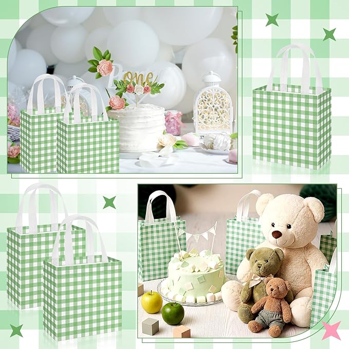 Sweetude 16 Pcs Green White Checkered Gift Bags with Handles Gingham Green and White Party Favors Non-woven Reusable Tote for Women Wedding Birthday Baby Shower Mother's Day Party Decorations