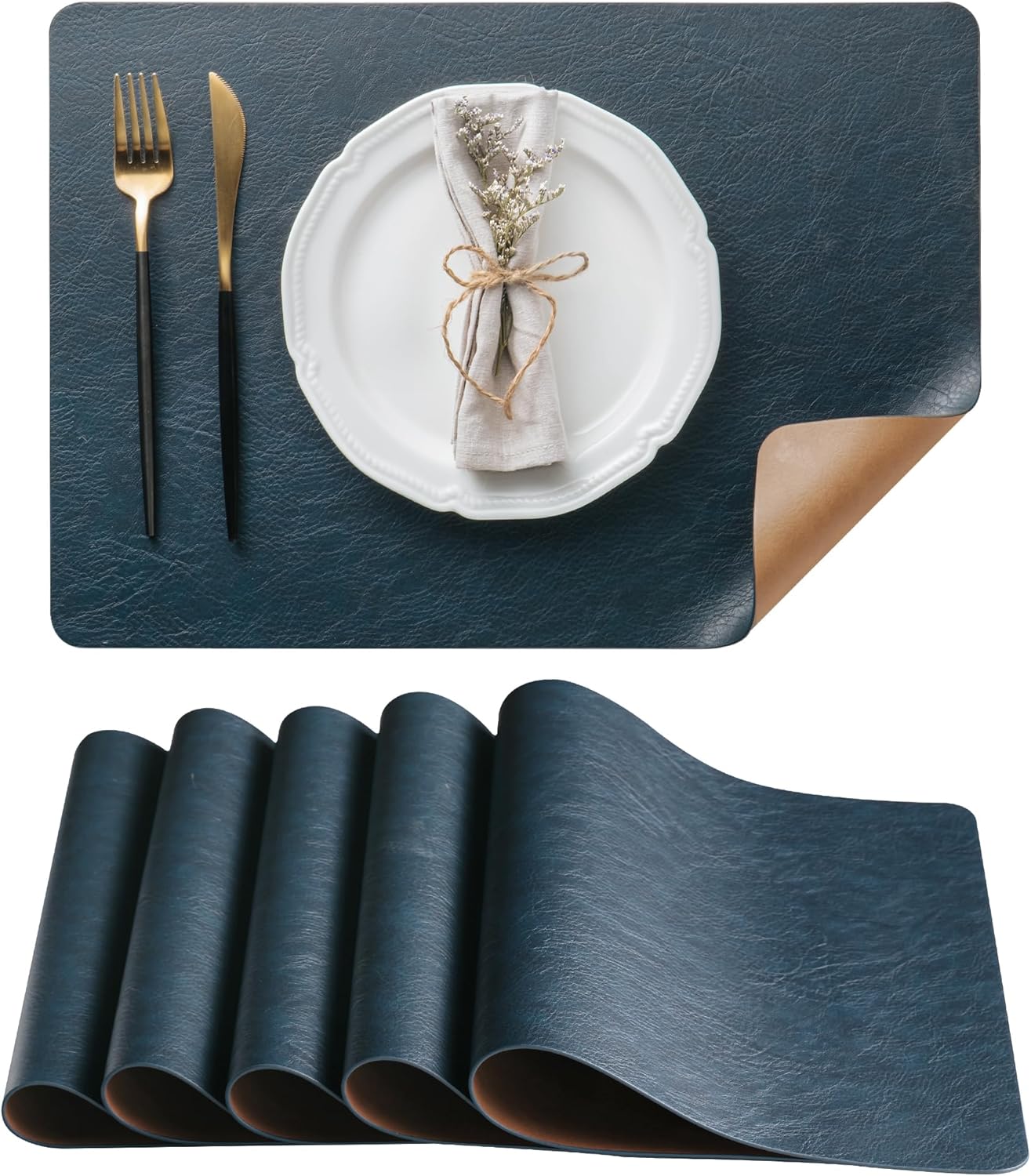 DOLOPL Placemats Set of 6 Reversible Dual-Color Table Placemats – Heat Resistant Wipeable & Washable Place Mats, Luxury Faux Leather Table Mats for Vintage Dining Table Decor (Camel & Navy Blue)
