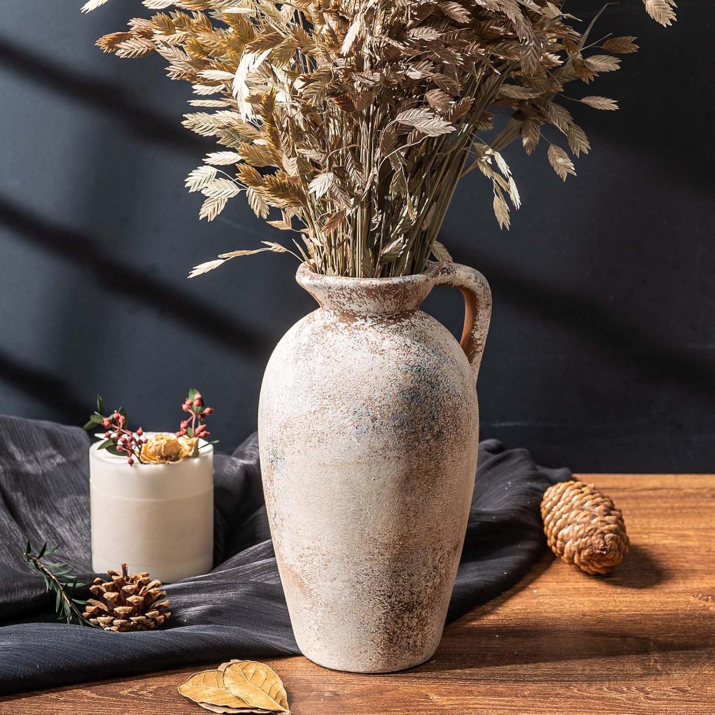 Rustic Ceramic Flower Vase with 1 Handle, Small Decorative Terracotta Boho Vase for Living Room, Table Centerpiece, Shelf Decor, Farmhouse, Entryway - 8.8 Inch Tall, Vintage Gray