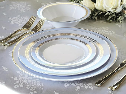 OCCASIONS 50 Blue Disposable Plates (25 Guests) - Heavyweight Plastic Plate Set with Gold Rim - 25 x 10.5" Dinner + 25 x 7.5" Salad/Dessert Plates for Wedding Party - Ritz Blue and Gold