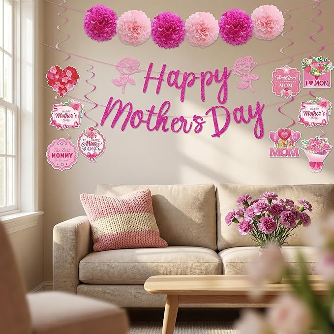 Happy Mothers Day Decorations Party Supplies Kit - Includes Glitter Happy Mother's Day Banner, 6 Paper Pom Poms, Hanging Swirls with Best Mom Ever - Rose Floral Mothers Day Theme Decor for Home Indoor