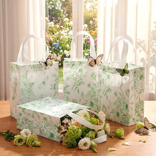 Wovnet 30 Pcs Green Floral Gift Bags Bulk Reusable Non Woven Vintage Floral Tote Treat Goodie Candy Bags with Handle Spring Flowers Party Favors Pouch for Holiday Wedding Party Decor 10 x 8 x 4 Inch