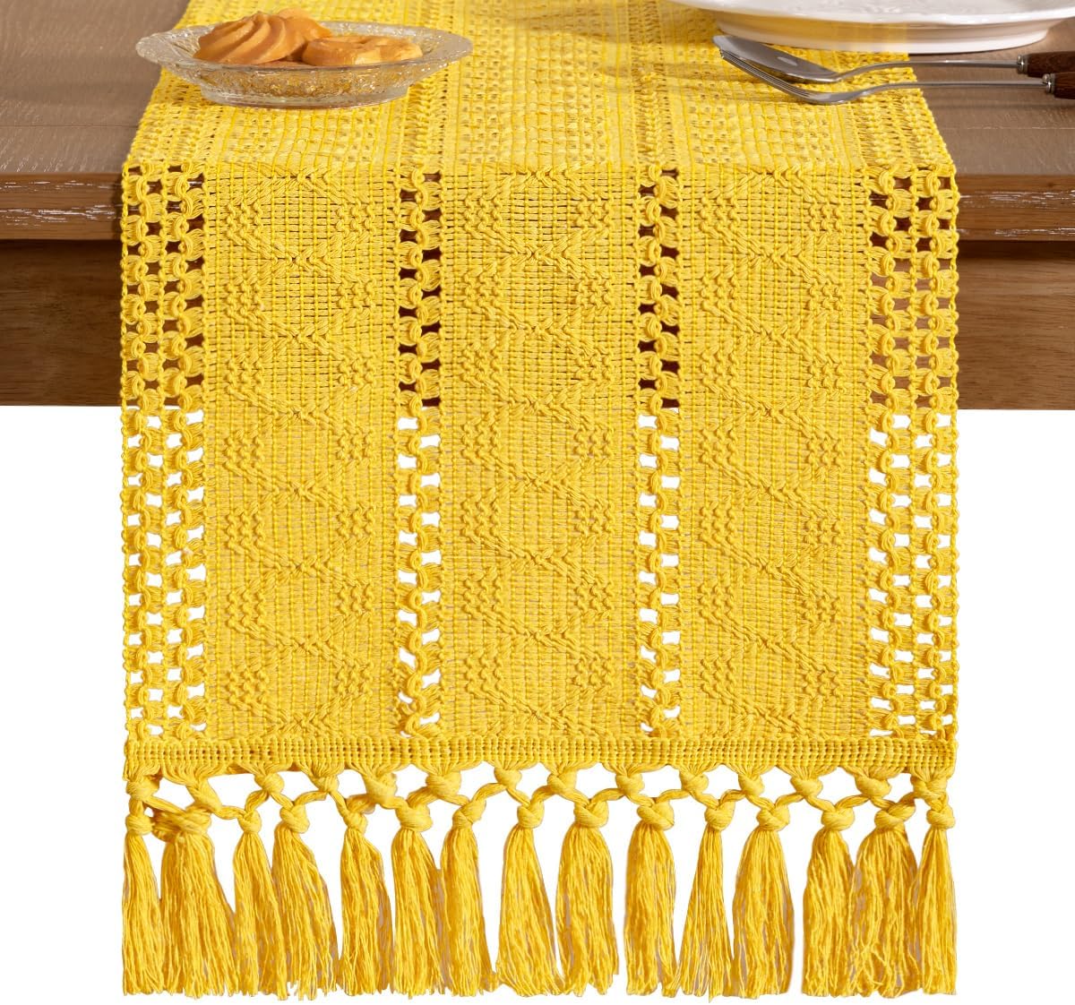 Socomi Boho Table Runner Fall Thanksgiving Farmhouse Rustic Dining Kitchen Centerpiece Decor Small Macrame Woven Cotton Linen Coffee Table Runner for Dresser Scarf Home Decor 12x72 in Yellow Gold