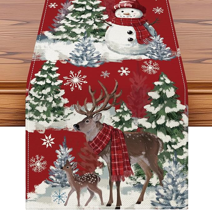 Artscope Reindeer Snowman Christmas Tree Table Runner, Xmas Winter Snowflakes Holiday Kitchen Dining Table Decoration for Christmas Home Party Decor 13x72 Inch-Red