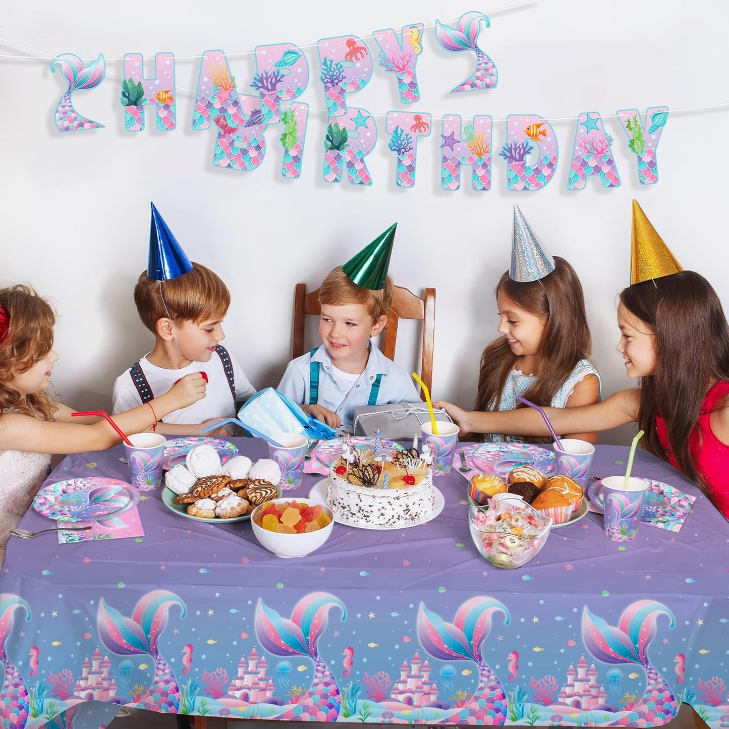 Gatherfun Mermaid Party Supplies Set: Mermaid Birthday Decorations, Includes 2-Pack Mermaid-Themed Tablecloths for Kids & Girls 1st Birthday, Mermaid Party Decorations Table Covers 54 x 108 Inch