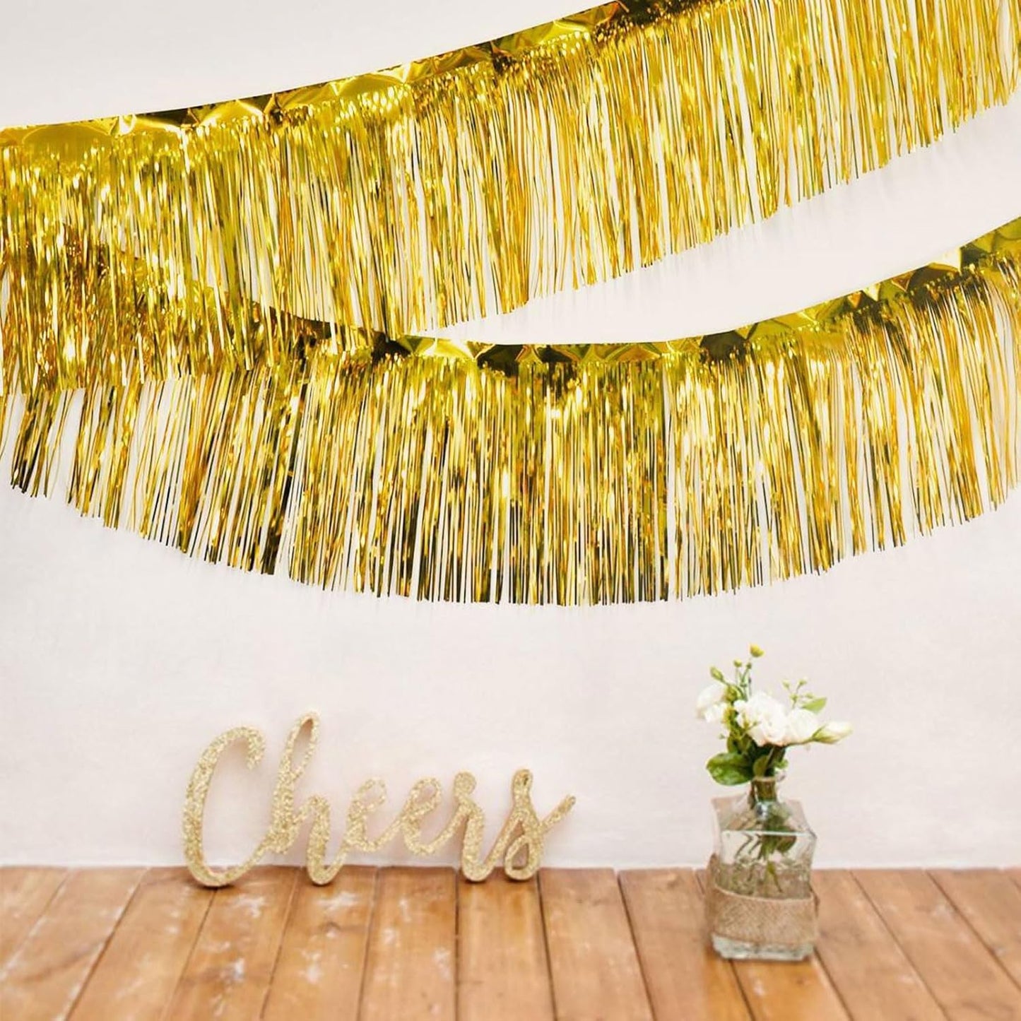 6 Packs 10 Feet Foil Fringe Garland Metallic Foil Tinsel Fringe Garland Wall Hanging Fringe Banner for Parade Floats, Wedding, Christmas，Birthday Party Halloween Decor (Gold)