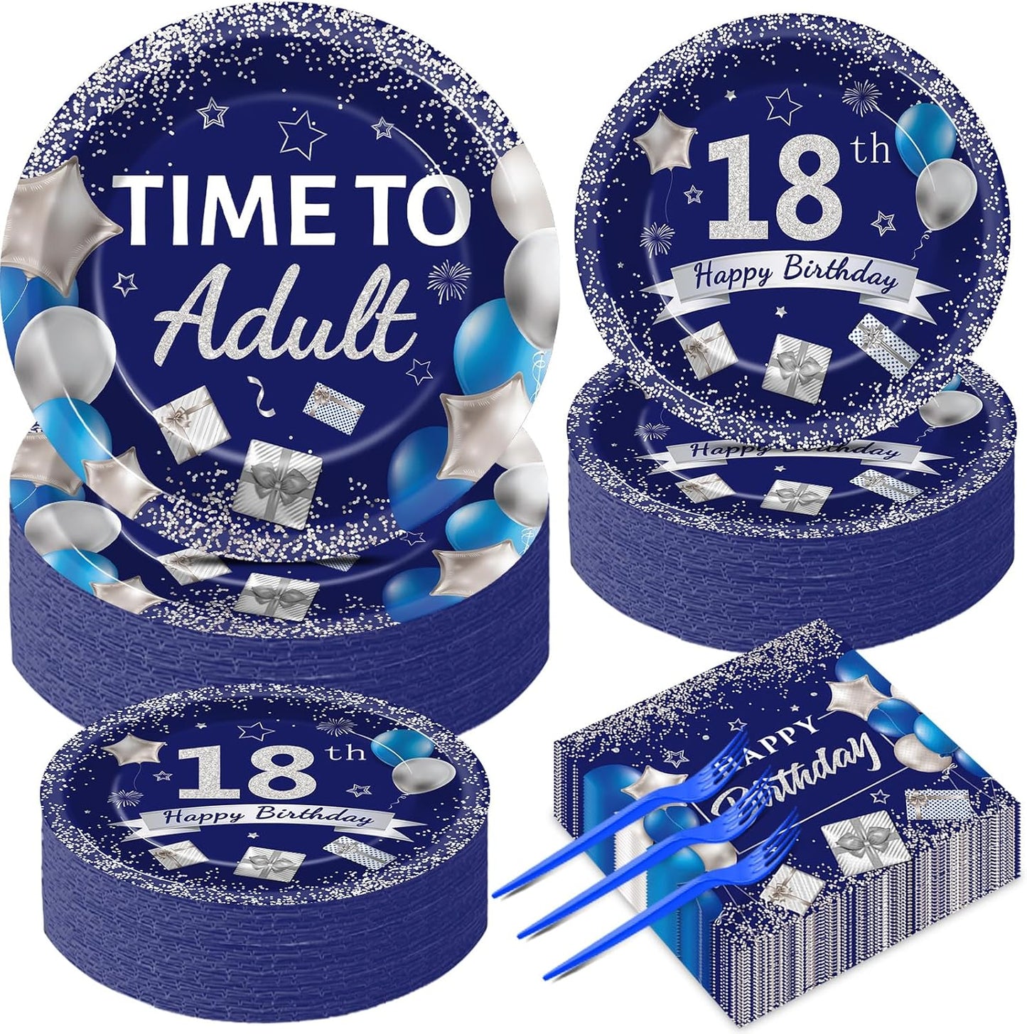 50 Guests 18th Birthday Party Supplies Decoration 18 Years Old Birthday Plates and Napkins Forks Time To Adult Tableware Blue Silver Happy 18th Birthday Party Paper Plates for Boys Girls Party 200PCS