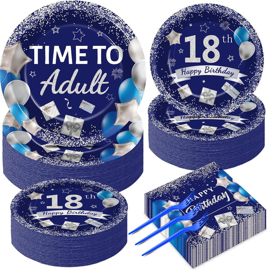 50 Guests 18th Birthday Party Supplies Decoration 18 Years Old Birthday Plates and Napkins Forks Time To Adult Tableware Blue Silver Happy 18th Birthday Party Paper Plates for Boys Girls Party 200PCS
