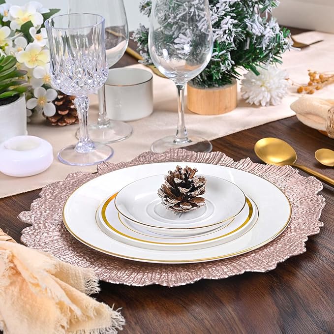 Pesonlook 50Pcs Rose Gold Charger Plates Round 13inch, Reef Plate Chargers for Dinner, Bulk Plastic Floral Table Plates for Dinner Wedding Party Event Table Setting Decoration(Rose Gold)