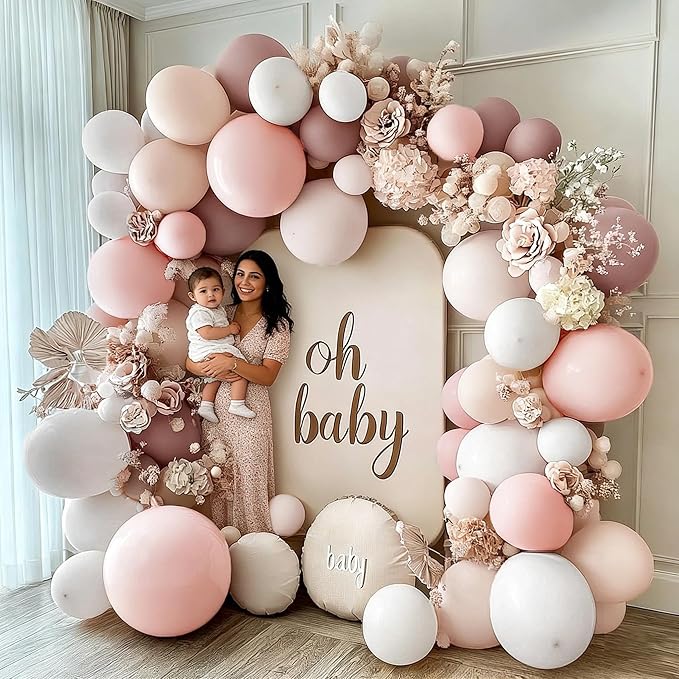 Pastel Pink White Balloon Arch Double Stuffed Light Pink Beige Cream Balloon Garland Kit Boho Dusty Rose Blush Balloons for Baby Shower Bridal Birthday Valentine's Wedding Easter Princess Party Decor