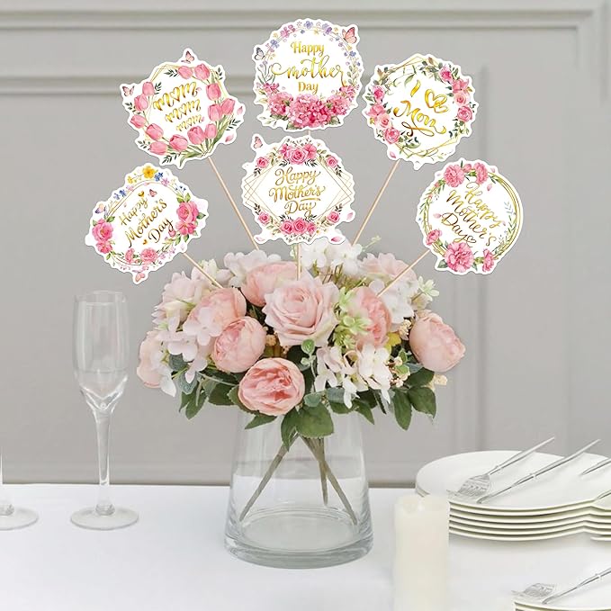 18 PCS Happy Mother's Day Centerpiece Sticks Double Sided Love Mother Best Mom Table Centerpieces for Happy Mother's Day Theme Table Flower Decorations Women Birthday Party Centerpieces Supplies