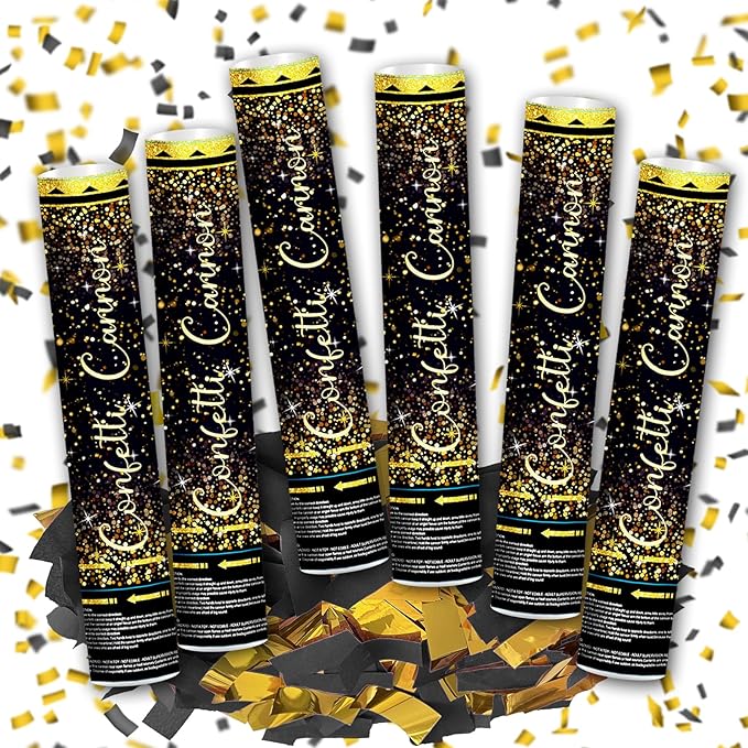 12" Black Gold Confetti Cannons Party Poppers for Birthday Graduation Wedding Retirement New Year Celebrations - Easy to Use, Paper and Foil Confetti - Pack of 6
