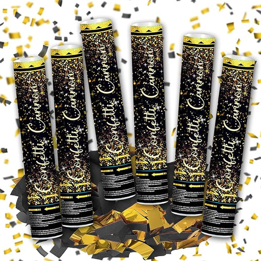 12" Black Gold Confetti Cannons Party Poppers for Birthday Graduation Wedding Retirement New Year Celebrations - Easy to Use, Paper and Foil Confetti - Pack of 6