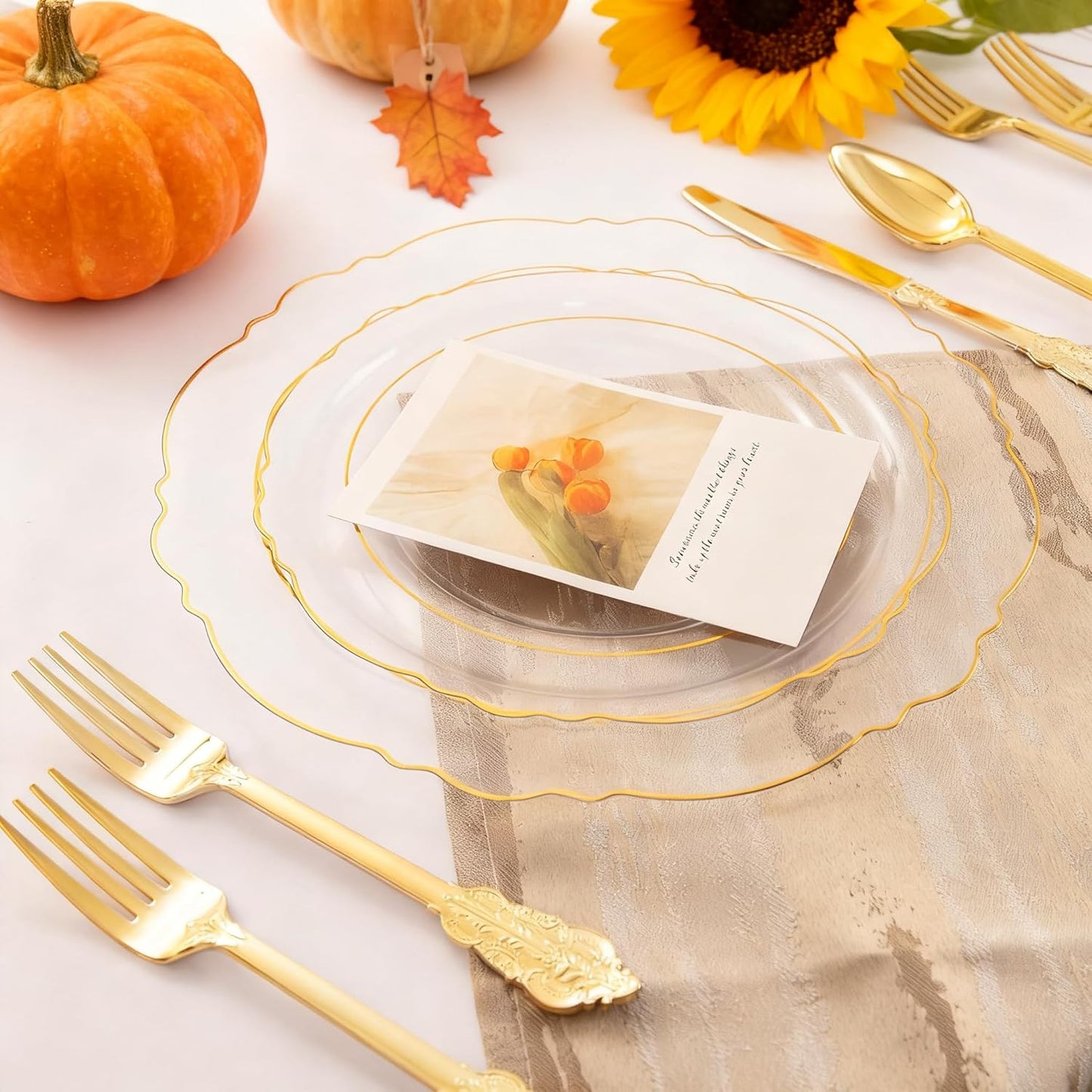 WDF 100pcs Clear Disposable Plastic Plates With Gold Trim - Baroque Clear Gold for Parties or Wedding or Thanksgiving - including 50PCS Dinner Plates 10.25inch and 50PCS Salad Plates 7.5inch