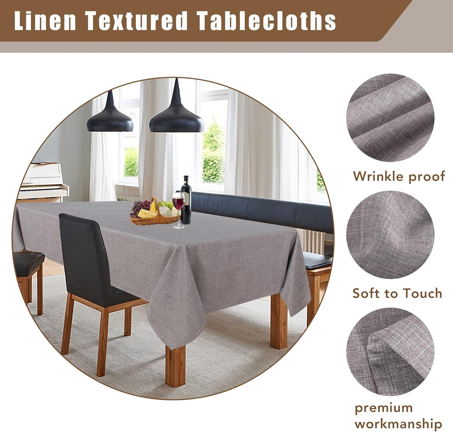 Fitable Faux Linen Tablecloth Rectangle 60 x 84 Inch - Fabric Neutral Table Cloth for 6 Foot Tables, Stone Flax Look Kitchen Table Cover for Farmhouse, Dining, Party, Outdoor Picnic, Camping