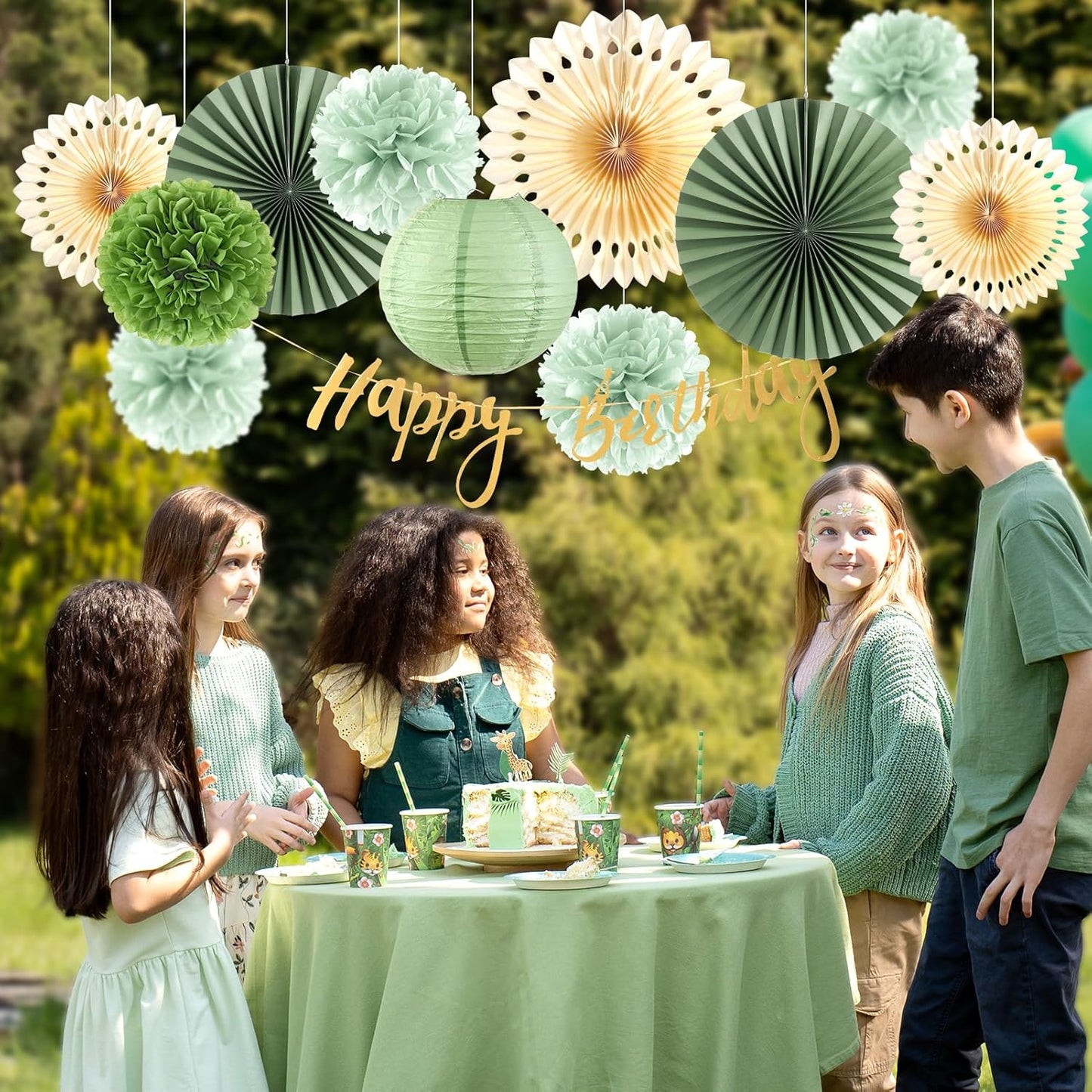 SUNBEAUTY Sage Green and Cream Tissue Pom Poms Paper Lanterns Party Decorations for Girls Women with Happy Birthday Banner Sage Green Paper Fans Tissue Pom Poms Lantern Birthday Decorations Kit